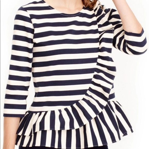 J. Crew Asymmetrical Navy and White Ruffle Striped Peplum Top Women’s Small - Picture 2 of 16